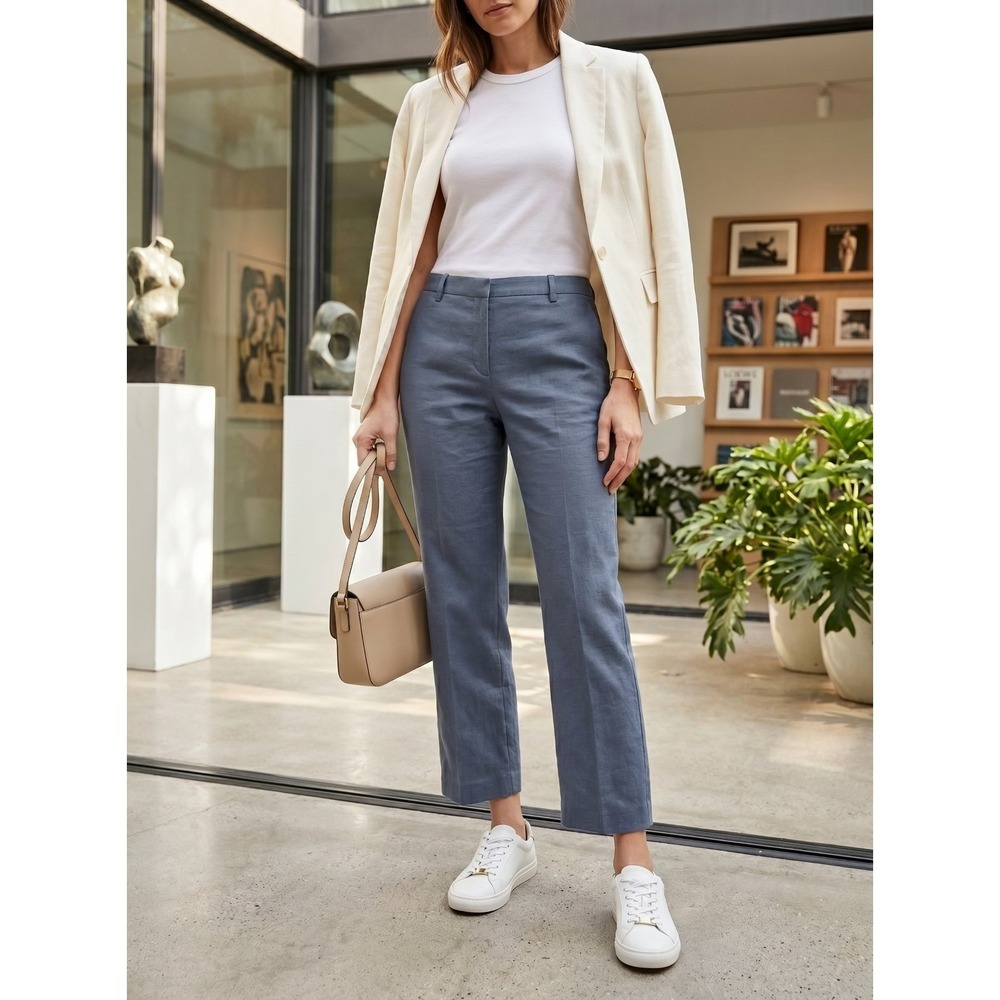 Theory Hartsdale Crunch Linen Blend Straight Crop Pants Echo Blue NWT‎ 00 $275